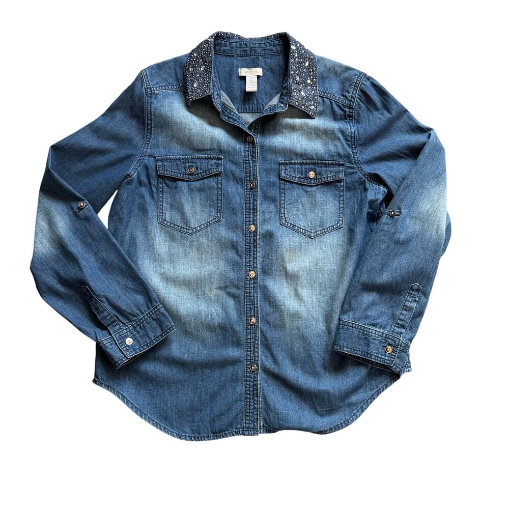Chicos Rhinestone Collar Denim Chambray Button Up Shirt Long Sleeve Size 1